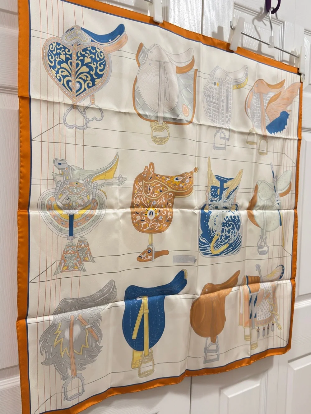Hermes 90cm Tous En Selle - Cream & Orange Scarf